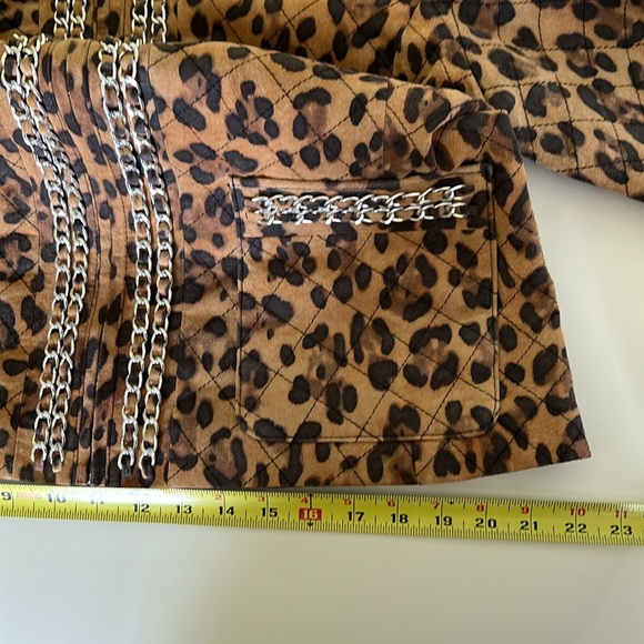 Animal Print Quilted Genuine Leather Jacket with Woven Chain Trim - Picture 13 of 15